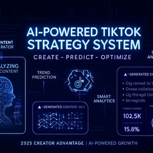 May include: A digital graphic promoting an AI-powered TikTok strategy system. The image features text and graphics in shades of blue, including "AI-POWERED TIKTOK STRATEGY SYSTEM" and "CREATE - PREDICT - OPTIMIZE."