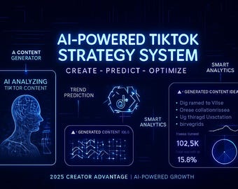 Puede incluir: Gráfico digital que promociona un sistema de estrategia TikTok impulsado por IA. La imagen presenta texto y gráficos en tonos azules, incluyendo "AI-POWERED TIKTOK STRATEGY SYSTEM" y "CREATE - PREDICT - OPTIMIZE."