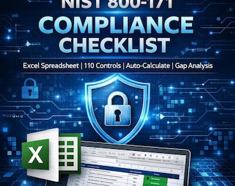 May include: A digital graphic advertising a NIST 800-171 Compliance Checklist. The image shows the text "NIST 800-171 COMPLIANCE CHECKLIST" in white and blue. It also includes an Excel spreadsheet graphic, a shield with a padlock, and a laptop displaying a spreadsheet.