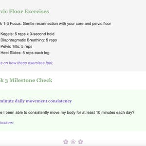 Op de afbeelding: Een printbaar werkblad met instructies voor bekkenbodemoefeningen. Het werkblad bevat een sectie voor de focus van week 1-3, een sectie voor de controle van de mijlpalen van week 3 en een sectie voor reflecties.