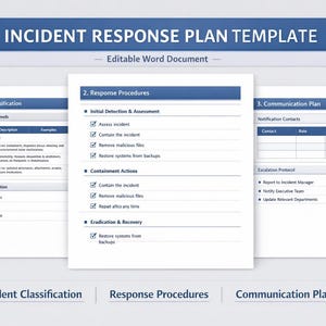 Może przedstawiać: Dokument zatytułowany "INCIDENT RESPONSE PLAN TEMPLATE" z sekcjami dotyczącymi klasyfikacji incydentów, procedur reagowania i planu komunikacji. Dokument zawiera listy kontrolne i tabele do zarządzania incydentami.