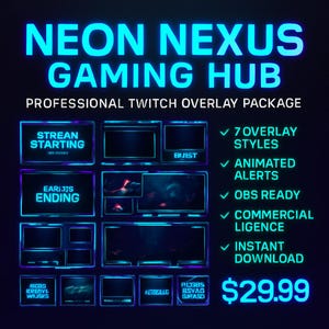 Professional Twitch Overlay Bundle - Neon Nexus Gaming Hub | 7 Overlays, 3 Animated Alerts, Webcam Frames & 20+ Page Setup Guide