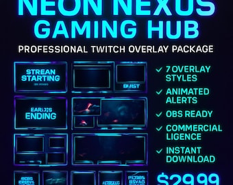 Puede incluir: Gráfico digital que promociona un paquete de superposición de Twitch "Neon Nexus Gaming Hub". La imagen presenta varios estilos de superposición animados, alertas y está listo para OBS. El paquete incluye una licencia comercial y descarga instantánea.