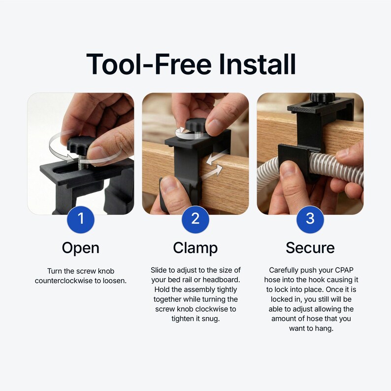 Op de afbeelding: Tool-Free Install instructies. Stapsgewijze handleiding met afbeeldingen die laten zien hoe u een CPAP-slanghouder opent, vastklemt en vastzet. De tekst legt het installatieproces op een bedrail of hoofdbord uit.
