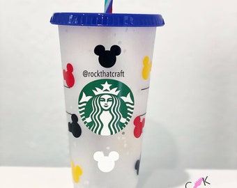 Mickey Head Pattern Design Confettis de tasse Starbucks personnalisés - Tasse froide Venti réutilisable à changement de couleur avec paille personnalisée avec gobelet de nom