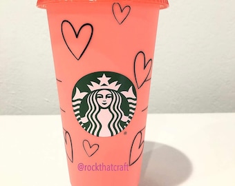 Hearts Outline Personalized Starbucks Cup Confetti - Color Changing Reusable Venti Cold Cup With Straw Custom with Name Tumbler