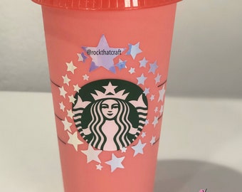 Stars Design Personalized Starbucks Cup | Color Changing - Confetti Reusable 24 oz Venti Cold Cup With Straw | Custom Gift with Name