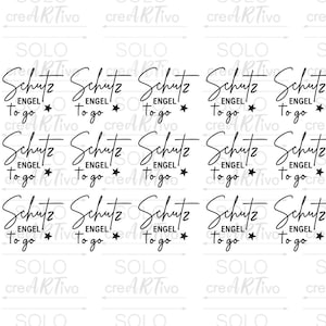 Könnte beinhalten: Ein Bogen Aufkleber mit dem Schriftzug "Schutz Engel to go" in einer stilvollen Schriftart, ergänzt durch eine Stern-Grafik. Der Hintergrund zeigt ein sich wiederholendes Muster des Wortes "SOLO" und der Marke "creARTivo".