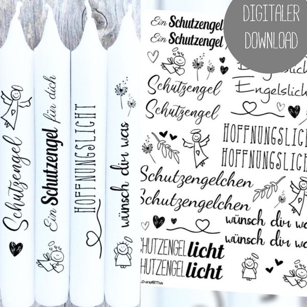 PDF Vorlage für Kerzen - Schutzengel - 31 Tattoos Kerzentattoos Stabkerzen Wasserschiebefolie Datei Druckvorlage Kerzensticker Kerzenprint