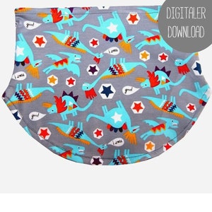 May include: A grey fabric neck warmer with a repeating pattern of blue, orange and red dinosaurs. The dinosaurs have stars and text that says "I roar" and "grid".