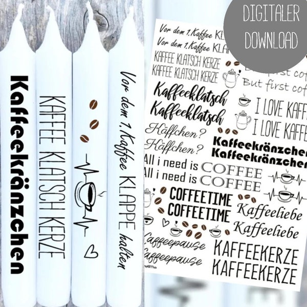 PDF Vorlage für Kerzen - Kaffeeklatsch- 34 Tattoos Kerzentattoos Stabkerzen Druckvorlage DIY drucken Lastminute Kaffee Kerze Coffee Candle