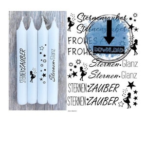 May include: Three white candles with black text that reads "Sternen Zauber", "Sternen Glanz", and "Sternen Glanz". The candles are decorated with small stars and a silhouette of a girl blowing stars.