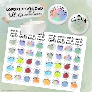 May include: A collection of stickers and decorative elements. The stickers feature words like "Happiness", "Health", and "Patience" in German, with colorful watercolor backgrounds. A small candle and text "SOFORTDOWNLOAD" are also visible.