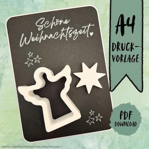 May include: A black card with white text that says "Schöne Weihnachtszeit" and "A4 Druckvorlage PDF Download". The card features a white angel-shaped cutout, a star, and several smaller star outlines. The background is a watercolor wash.