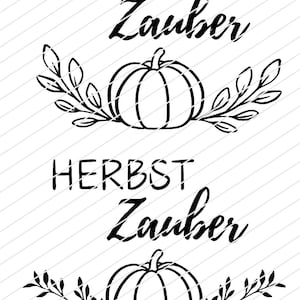 Könnte beinhalten: Schwarz-weiße Grafik mit zwei Kürbis-Illustrationen und dem Text "HERBST Zauber". Jeder Kürbis ist von Blätterzweigen umgeben. Das Design befindet sich auf einem weißen Hintergrund mit diagonalen Linien.