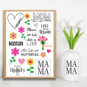 Rub Ons - MAMA - 010 - randlos Rubons Sticker A5 Aufkleber Muttertag Mutter Tag Blumen Love auf Raysin, Keraflott, Holz, Glas Rubbelsticker
