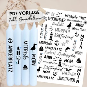 PDF template A4 Meerliebe 084 taper candles tattoos candle tattoos file print template Meerliebe coastal child maritime beach lighthouse sailboat
