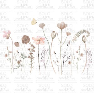 Könnte beinhalten: Eine Aquarellillustration mit einer Sammlung von Wildblumen, getrockneten Samenkapseln und einem kleinen Schmetterling in sanften, gedeckten Erdtönen. Das botanische Arrangement umfasst verschiedene Stängel, zarte Blütenblätter und Blattwerk.