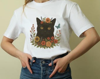 Black Cat with Autumn Flowers T-Shirt | Floral Cat Tee