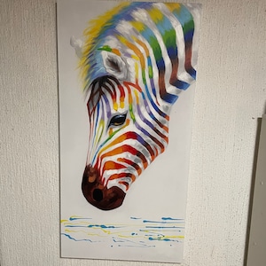 Pintura a óleo de zebra colorida abstrata em tela, grande arte de parede em tela de zebra original, pintura de animal pintada à mão para sala de estar de crianças