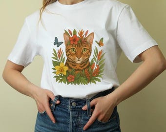Autumn Tabby Cat Floral Portrait T-Shirt | Fall Leaves, Butterflies