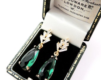 Vintage Art Deco 1920's Inspired Emerald Paste  Green Rhinestone Drop Earrings