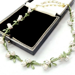 Art Deco inspired freshwater pearl flowers berries & green enamel leaves necklace cottagecore