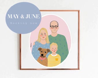 May include: A digital illustration of a family with a dog. The family is made up of two adults and a child. The adults are standing behind the child, who is holding a dog on a leash. The dog is brown and white. The family is smiling and the background is pink.