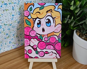 May include: A cartoon illustration of a blonde girl with big blue eyes surrounded by pink flowers. The girl is smiling and has a surprised expression on her face. The illustration is on a white background.