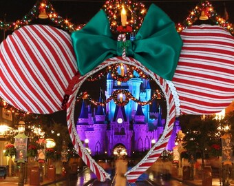 Peppermint Minnie Mouse ear headbands/candy cane inspired Mickey Mouse ears/Red,green,and white Minnie mouse ears/mickey Christmas party ear