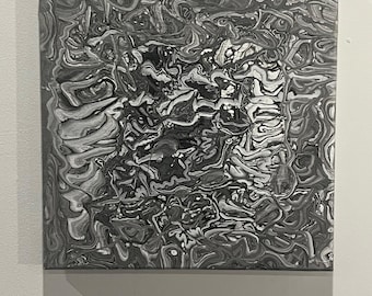 Abstract Fluid Art Painting: Greyscale Acrylic Pour on Canvas (12"x12")