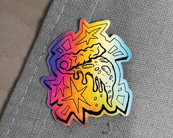 Holographic Pizza Slice Sticker: Hand-Drawn Die Cut Vinyl