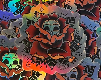Holographic Rose Skull Sticker | Hand-Drawn Die Cut Vinyl (3 x 3 inches)