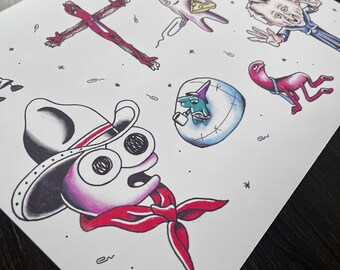Tattoo Flash Sheet Art Print, Watercolor Painting, Adult Swim Inspired, 11x14"