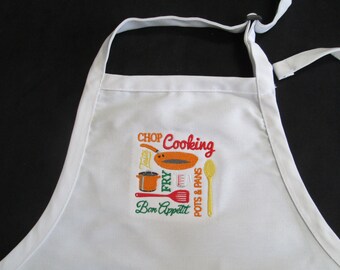 Apron White Kitchen Pots and Pans and Pans,  Embroidered, Housewarming Gift, Wedding, Bridal Shower Gift, Christmas, Everyday