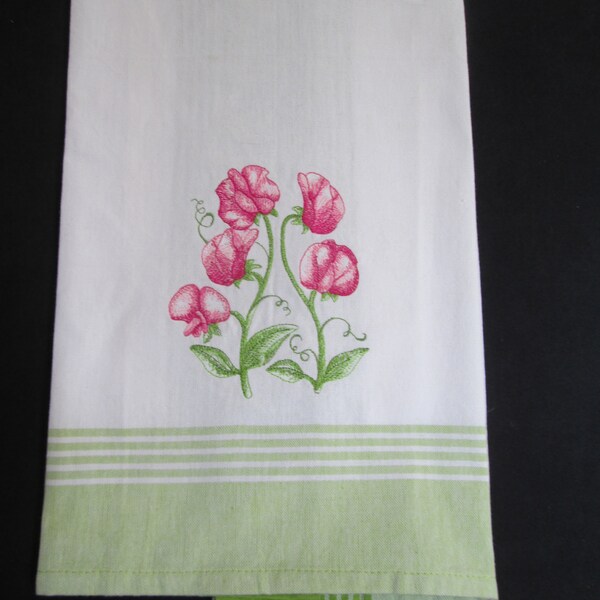 Sweet Pea Spring Flower Design on Lime Green Dunroven Stripe Towel, Decorative, Bridal Shower, Wedding Present, Housewaming,