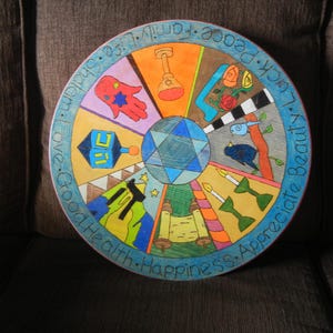 Wood Handcrafted Lazy Susan Judaica Theme