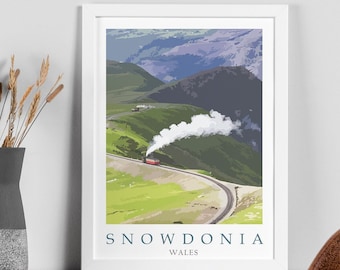 Snowdonia Mountain Railway Wall Art. Mount Snowdon Wales Print. Snowdonia Travel Poster. Steam Train Scenic View