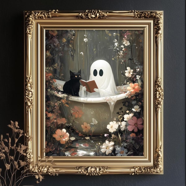 Könnte beinhalten: Ein weißer Geist in einer Badewanne liest einem schwarzen Kater ein Buch vor. Die Badewanne ist von Blumen und Grün umgeben. Die Szene ist in einem skurrilen Stil gemalt.