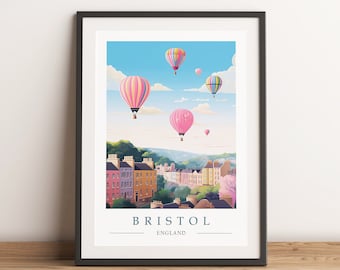 Bristol Travel Poster Print -  Bristol Hot Balloon festival Illustration, Wall Art, New Home Gift, Vintage Retro
