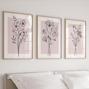 Décoration murale rose. Lot de 3 impressions. Affiches botaniques de fleurs sauvages. Décoration murale végétale. Décoration d'intérieur rose poudré, dessin au trait fleur, décoration de chambre rose.