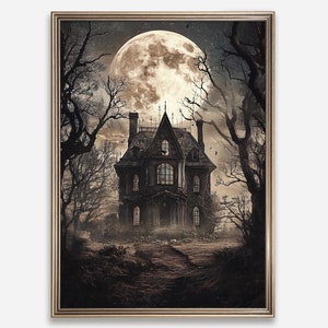 May include: A dark, gothic-style house with a large, full moon in the background. The house has a pointed roof and many windows. The trees surrounding the house are bare and the ground is covered in shadows.