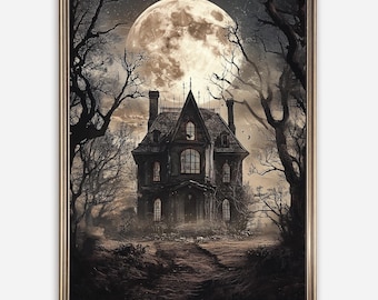May include: A dark, gothic-style house with a large, full moon in the background. The house has a pointed roof and many windows. The trees surrounding the house are bare and the ground is covered in shadows.