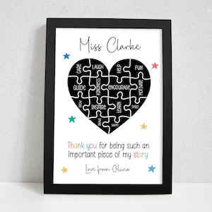 Personalised Puzzle Piece Teacher Gifts. Teacher Thank You Gift. School End of Term Gifts. Nursery Teacher, Teaching Assistant TA. Framed
