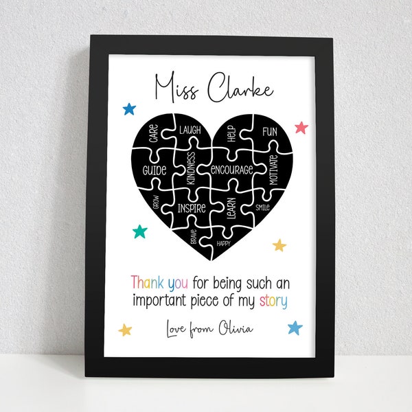 Personalised Puzzle Piece Teacher Gifts. Teacher Thank You Gift. School End of Term Gifts. Nursery Teacher, Teaching Assistant TA. Framed