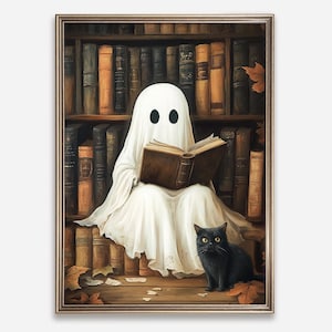 Geist in einer Bibliothek Druck. Vintage Halloween zum Ausdrucken. Gruselige Wandkunst. Buch Dekor. Poster Geist und Katze lesend. Dunkle Academia Moody Art.