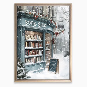 Wydruk Winter Book Shop. Sztuka ścienna Christmas in New York, plakat Reading Nook. Dekoracja Bookish Library. Prezent dla miłośnika książek. Wydruk Book Store.