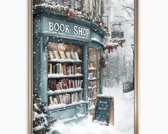 Winter Book Shop print. Christmas in New York Wall Art, Reading Nook Poster. Bookish Library Decor. Book Lover Gift. Book Store Printable.