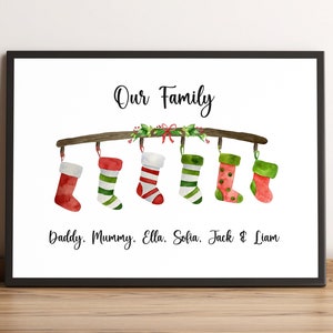 Personalised Christmas Stocking Print, 2-6 Names, Our Family Print. Christmas Wall Print, Christmas Decor. Custom Gift for Mum or Dad. 6