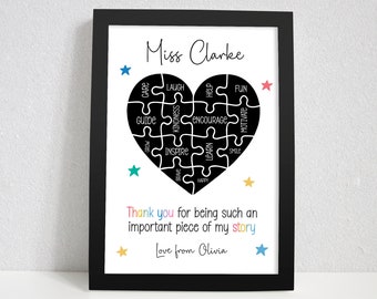 Personalised Puzzle Piece Teacher Gifts. Teacher Thank You Gift. School End of Term Gifts. Nursery Teacher, Teaching Assistant TA. Framed